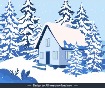 Winter Scenery Background Classical Cottage Snowy Trees Sketch
