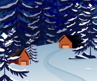 Winter Scenery Background Fir Trees Cottages Sketch