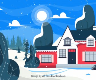 winter scenery background house exterior snow moonlight sketch