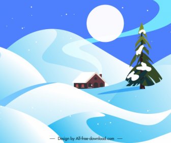Winter Scenery Background Moon Cottage Snow Land Sketch