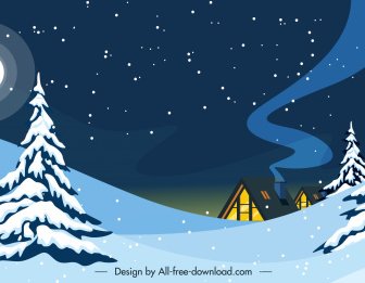 Winter Scenery Background Moon Snowy Cottage Sketch