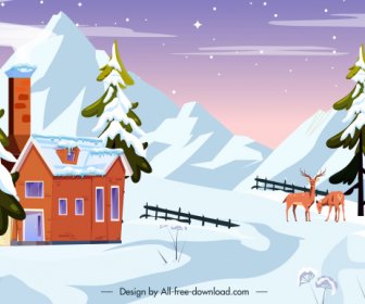 winter scenery background snow mountain cottage reindeers sketch