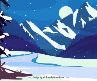 Kış Manzarası Arka Plan Karlı Dağ Gece Ay Kroki