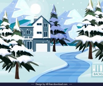 겨울 풍경 배경 눈 나무 집 스케치