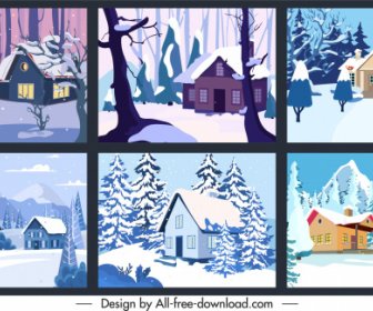 Templat Latar Belakang Pemandangan Musim Dingin Berwarna Sketsa Klasik