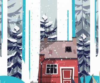 Cenário De Inverno Pintura Neve Cottage Esboço Design Clássico
