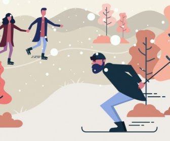 冬季運動畫人滑冰滑雪活動圖示