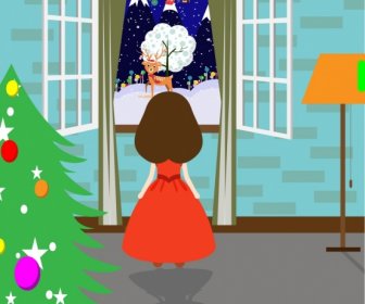 冬季主题设计女孩和符号通过窗口