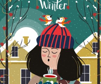 Winter Time Painting Girl Bird Icons Cartoon Character