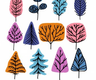 Winter Trees Icons Colored Flat Classic Handdrawn Sketch
