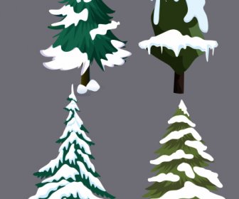 árvores De Inverno ícones Esboço Snowy Design Clássico