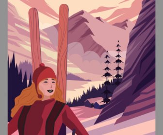Winterurlaub Poster Berg Skifahrer Skizze Zeichentrickfigur