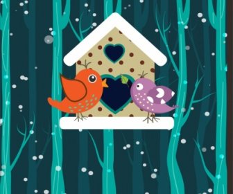 Winter Valentines Theme Colored Birds And Nest Design