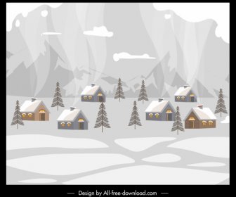 Lukisan Desa Musim Dingin Cottage Salju Sketsa Desain Retro
