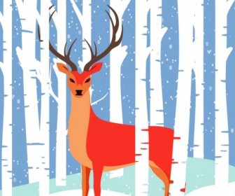 Winter Wildlife Drawing Red Reindeer White Trees Icons