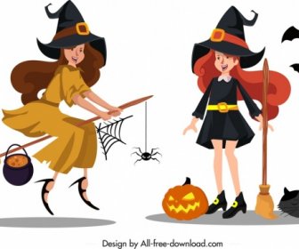 Witch Icon Cute Young Girls Sketch Colored Cartoon