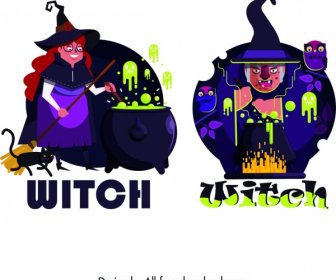 Witch Icons Cartoon Character Dark Multicolored Design