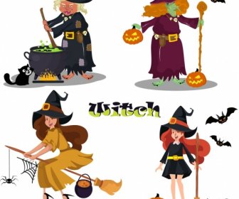 Witch Icons Old Young Women Sketch Cartoon Design