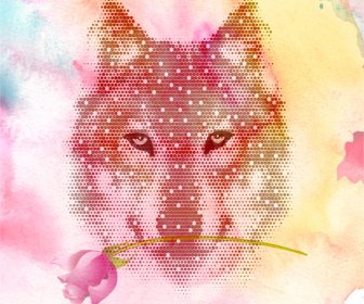 Wolf With Rose On Water Color Illustration