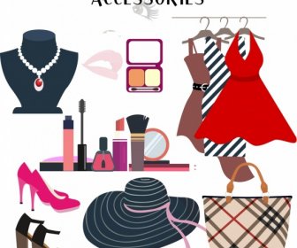 Woman Accessories Icons Colorful Objects Design
