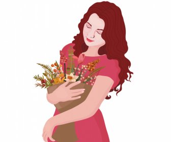 woman and a flower bouquet portrait painting elegant classic cartoon sketch