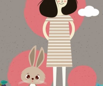 กระต่ายรูปวาดผู้หญิงใบตกแต่งสีการ์ตูน