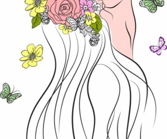 Kobieta Rysunek Kolorowe Kwiaty Motyle Dekoracji
