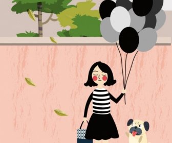 Woman Drawing Puppy Balloon Decoration Colored Cartoon Design