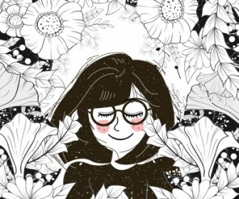 여자 꽃 블랙 화이트 그리기 스케치