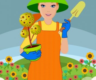 Woman Icon Gardening Work Colorful Drawing