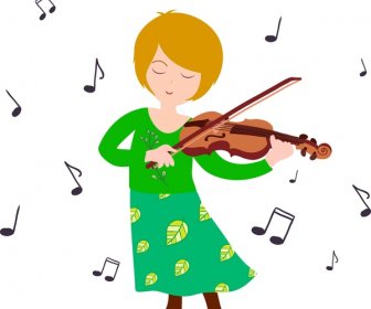 여자 연주 바이올린 아이콘 색 평면 디자인 스타일