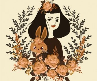 花輪の装飾花の女性肖像画図面茶色ウサギ