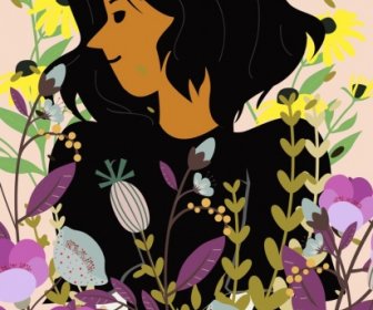 Kobieta Portret Rysunek Kolorowe Kwiaty Projektowania Dekoracji Cartoon