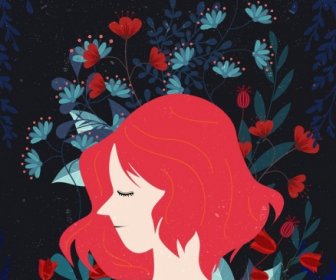 Wanita Potret Menggambar Dekorasi Bunga-bunga Merah Gelap