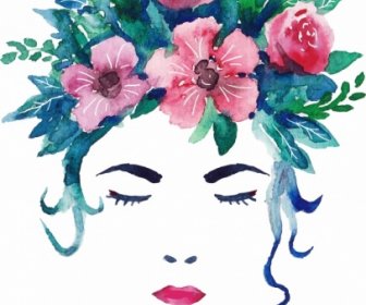 Woman Portrait Drawing Flowers Hairstyle Retro Handdrawn
