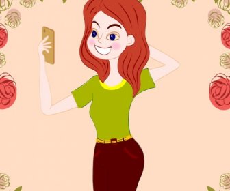 Woman Selfie Drawing Roses Decoration Colored Cartoon
