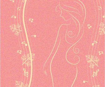 Woman Sketch Background Design Flowers Music Notes Decoration