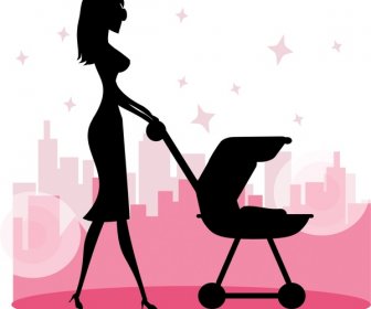 Woman With Baby Carriage Illustration With Silhouette Style
