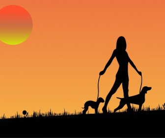 Woman With Dogs Illustration With Sunset Silhouette Style