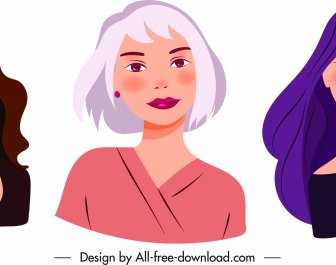 Women Avatar Icons Young Ladies Sketch Cartoon Characters