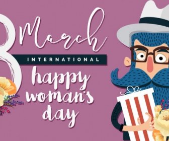 Women Day Banner Old Man Gift Flowers Icons
