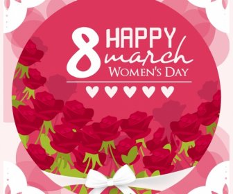 Women Day Banner Red Roses Decor Circle Isolation