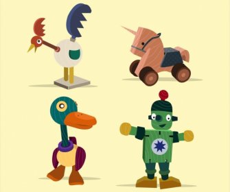 Brinquedos De Madeira ícones Coleção Colorido Desenho Em 3d