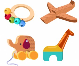 Wooden Toys Icons Cute Colorful 3d Sketch