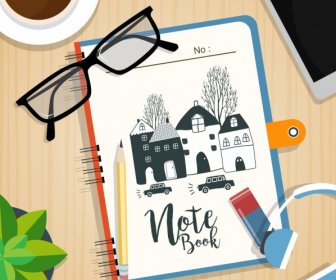 Arbeiten Sie Schreibtisch Hintergrund Notebook Bleistift Brille Kaffee Symbole