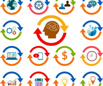 Working Brain Vector Illustration With Circle Icons