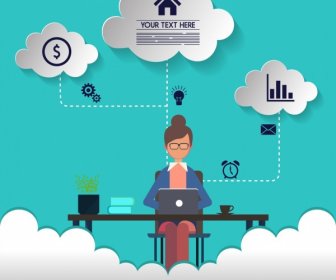 Working Concept Infographic Woman Interface Cut Cloud Icons
