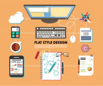 Working Desk Flat Design With Tools Illustration