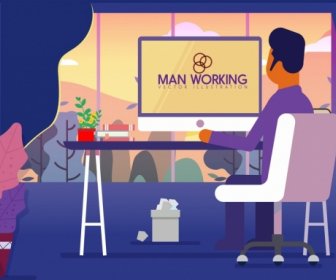 Working Drawing Man Computer Workplace Icons Colored Cartoon