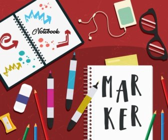 Alat Kerja Elemen Desain Penanda Buku Catatan Penghapus Pena